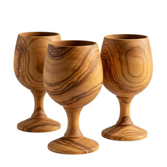 Handcrafted wooden wine goblets made from richly grained olive wood isolated on white background.