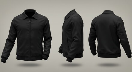 Black bomber jacket shown from front, side, and back views