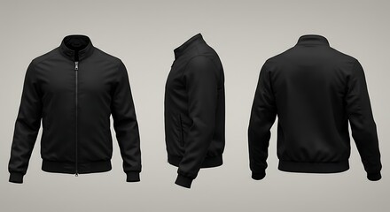 Black bomber jacket shown from front, side, and back views