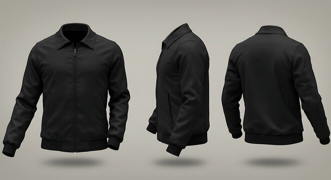 Black bomber jacket shown from front, side, and back views