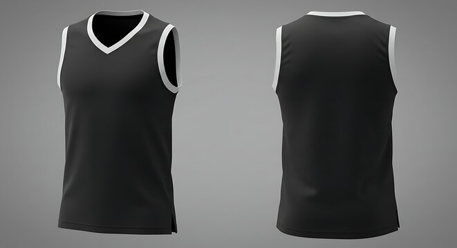 A black sleeveless vneck jersey shirt shown from the front and back