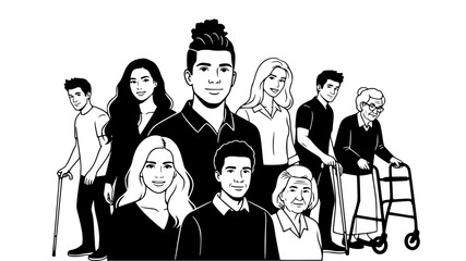 Diverse family generations gathered, a monochrome illustration showing young, adult, and senior figures, creating a sense of community.