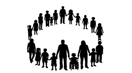 Family unity circle of people, parents, and children, representing diversity, community, and inclusion for a better world together.