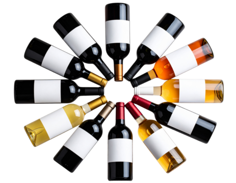  Top view of mixed wine bottles with blank labels arranged in a circle on transparent background - Powered by Adobe