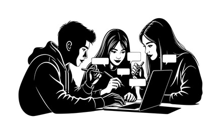 Three young people intently focus on a laptop, engaged in a collaborative discussion and learning session