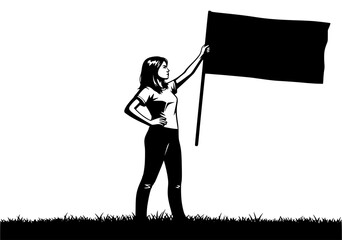 A determined woman holds a black flag aloft on a grassy field, symbolizing protest and advocacy