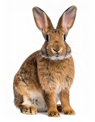Fototapeta premium Detailed Portrait of a Brown Rabbit Sitting on White Background