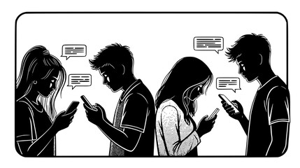 Four young people are silhouetted as they focus on their smartphones, with speech bubbles indicating communication
