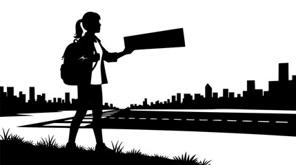A silhouetted woman with a backpack stands by a road with a blank sign, a city skyline in the background