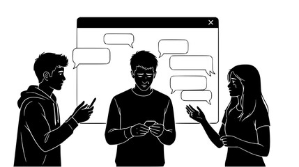 Young adults engrossed in their smartphones, surrounded by digital chat bubbles, highlighting modern communication methods