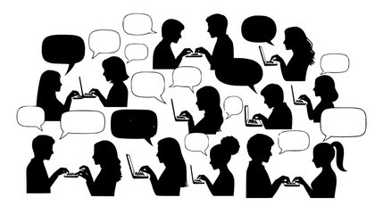 A large, diverse group of people actively communicating and working on laptops, with numerous speech bubbles signifying interaction