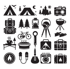 Camping elements set silhouette vector graphics
