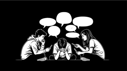 A distressed teenager sits with head in hands as others surround them with phones and empty speech bubbles