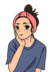 頬に手を当てて困り顔の女性, すっぴん, しみ, そばかす