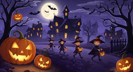 Whimsical Halloween night illustration with children in witch costumes trick-or-treating, glowing jack-o'-lanterns, haunted houses, bats, and a bright full moon.