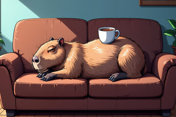Capybara relaxing comfortably on a cozy sofa, surrounded by soft cushions, enjoying a peaceful and calm atmosphere indoors..