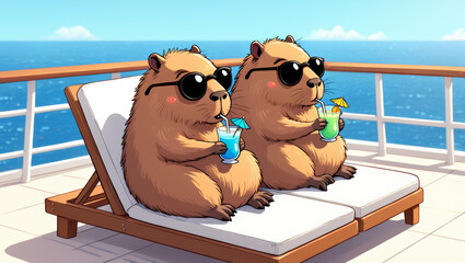 Capybara couple, husband and wife, relaxing peacefully on the deck of a cruise ship under the warm sun..