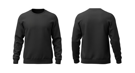 Front and back view of a plain black crewneck sweatshirt isolated on white