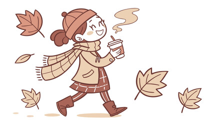 Happy girl in warm clothes walking with a hot drink isolated on white background