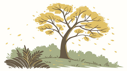 Stylized autumn tree with falling yellow leaves and foliage isolated on white background