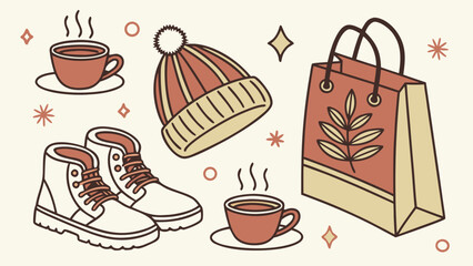 Cozy winter essentials hot drinks warm hat boots and shopping bag isolated on white background