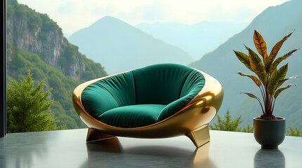 Rounded cocoon style chair on reflective floor beside variegated plant and large windows showing cloudy sky