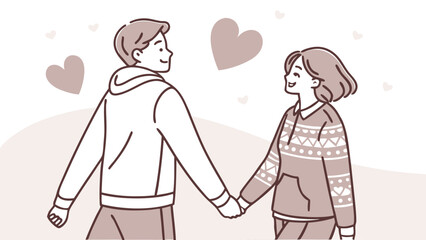 Happy couple holding hands with hearts floating around them isolated on white background