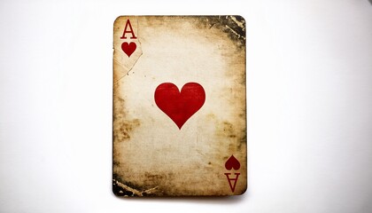 worn ace of hearts card with vintage texture and white background