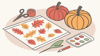 Autumn craft supplies with pumpkins and colorful leaves isolated on white background