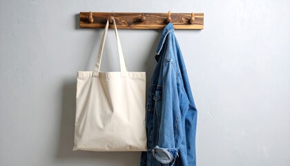 Tote bag and denim jacket on wall hook