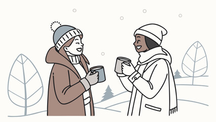Two smiling friends enjoying hot drinks in a snowy winter landscape isolated on white background