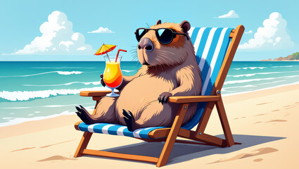 Capybara relaxing with a cocktail on a lounge chair, enjoying the beach view under sunny skies and palm trees..