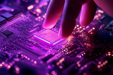 Finger touching glowing purple computer processor on a circuit board with bokeh lights