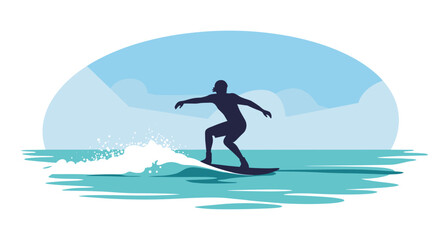 Skimboarding on ocean waves against a blue sky background  