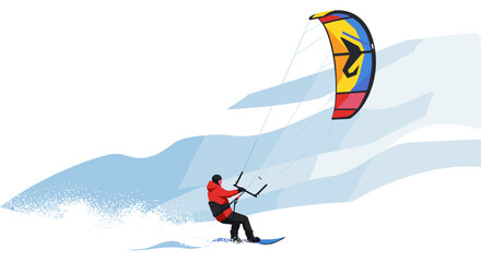  Snow kiting with colorful kite in dynamic motion  