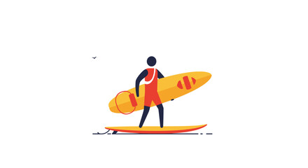 Surf lifesaving. Surfer carrying yellow surfboard on beach with playful stance  