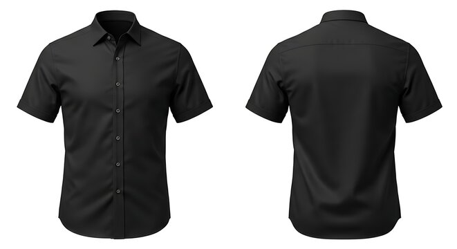 Front and back view of a black shortsleeved buttondown shirt isolated on white background