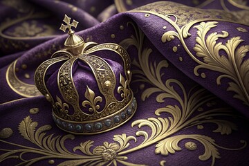 Luxurious golden crown resting on rich purple fabric with ornate gold filigree details