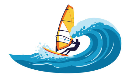 Windsurfer riding a wave with colorful sail in ocean scene. Windsurfing wave  