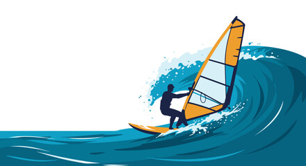 Windsurfing wave. Windsurfer riding a wave with vibrant ocean splash in summer  