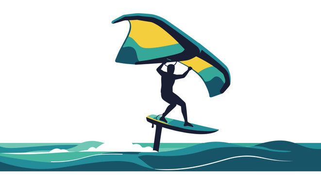 Wingfoil surfing. Surfer practicing wing foiling on ocean waves with colorful sail  