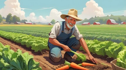 A farmer (any age, gender) kneeling in a field, harvesting fresh vegetables (e.g., carrots, lettuce) with their hands