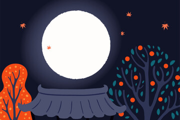 Obraz premium Rural Korean night landscape, scene with traditional house hanok roof, persimmon, autumn trees, leaves, full moon. Chuseok background, backdrop, design elements. Hand drawn flat vector illustration