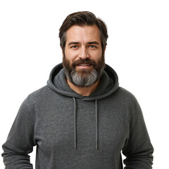 Fototapeta premium Mature Man with Grey Beard and Serious Expression in Grey Hoodie Looking at Camera on Isolated transparent background