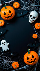 black paper space, flat lay composition, with 3D catoon three pumpkins, skull, ghost and bat, spider net spooky elements for scary night decoration, copy space