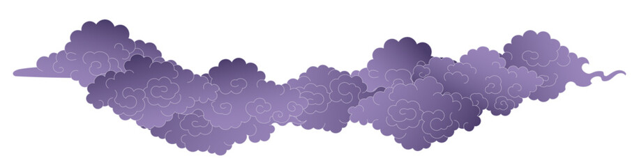 Line drawing Asian clouds border isolated, blue on transparent. Hand drawn vector illustration. Chinese, Japanese, Korean design elements, clip art. Traditional Buddhist thangka art