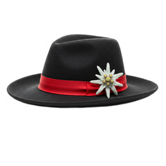 Traditional Alpine hat with red band and edelweiss flower makes a classic statement, transparent background
