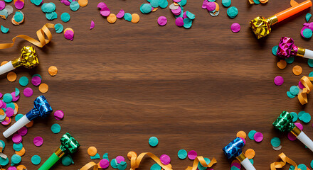 A festive arrangement of colorful confetti and party horns against a warm, inviting wooden surface, creating a cheerful atmosphere.
