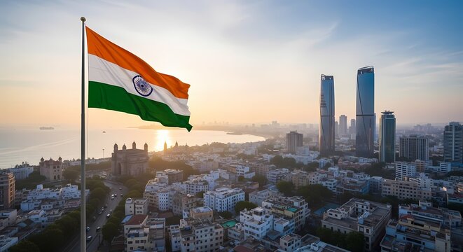 Indian flag waving over a cityscape at sunrise, showcasing modern architecture and coastal views.