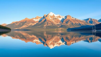 Majestic mountain range reflecting in pristine lake, wildlife, panorama